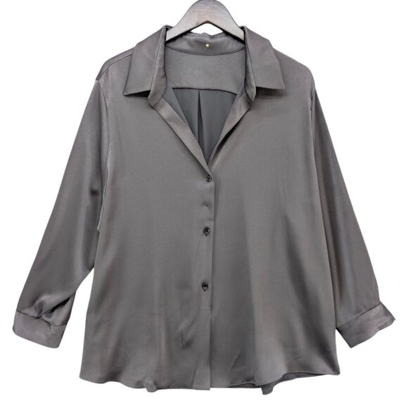 RTW Charleston Satin Blouse Womens Pewter Grey Long Sleeve Button Front Size XXL - Picture 1 of 10